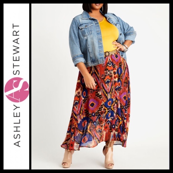 NWT Ashley Stewart Belted Abstract Hi Low Maxi Skirt - Picture 1 of 9